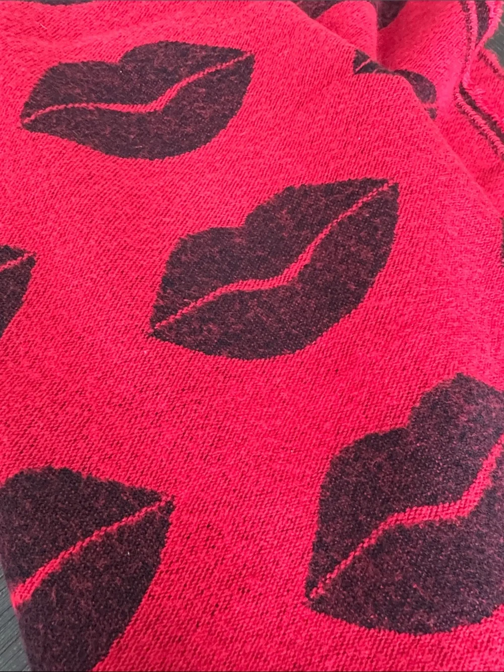 Victoria’s Secret Lip Print Throw Blanket | Red Black Fringe Cozy Plush Throw